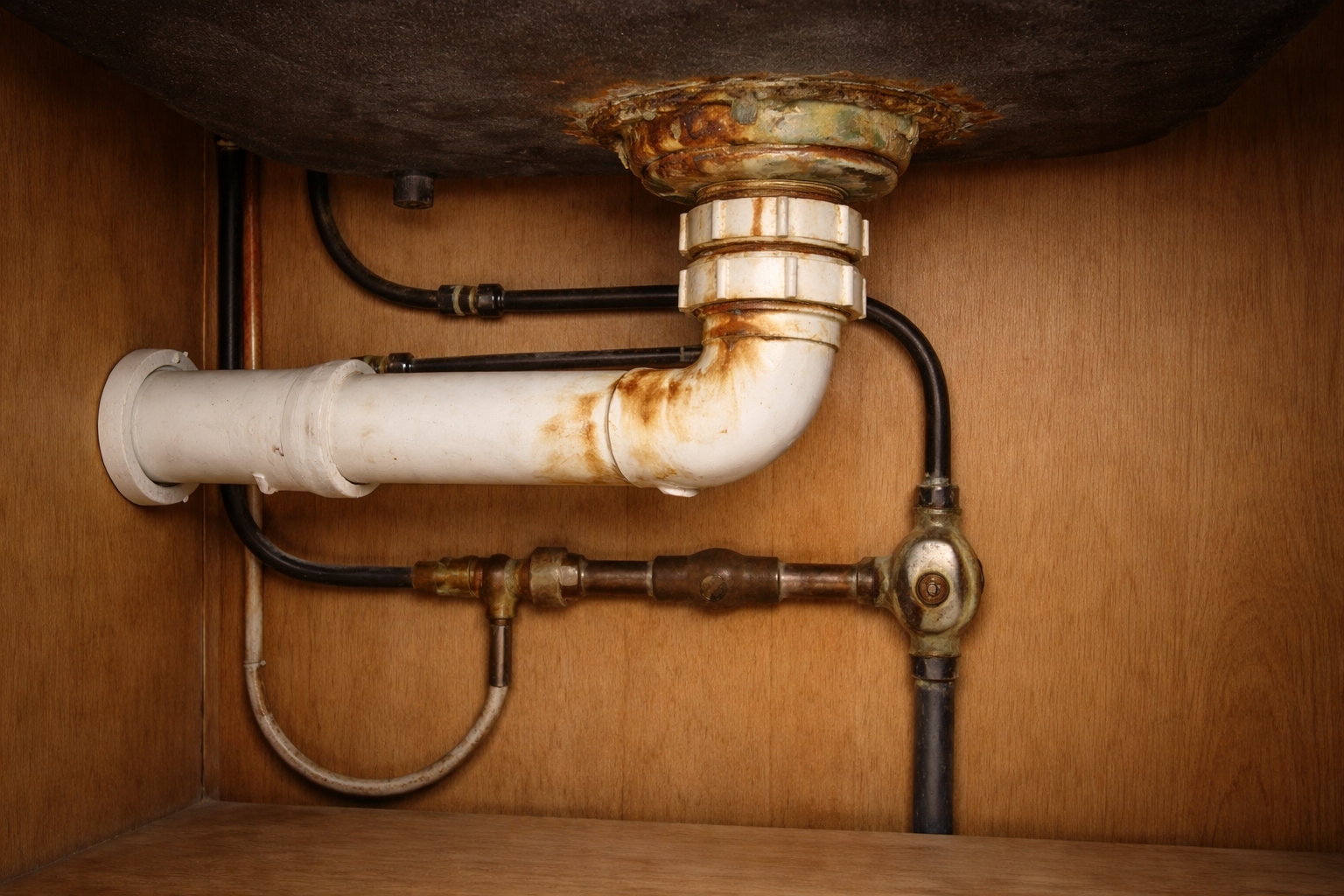 Corroded waste trap and pipework under basin